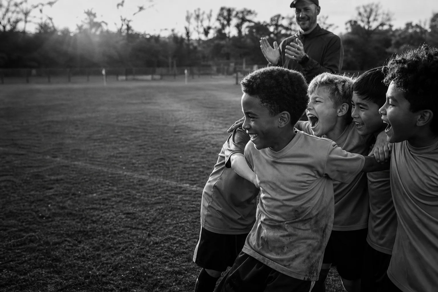 Young soccer teammates celebrating together after a match