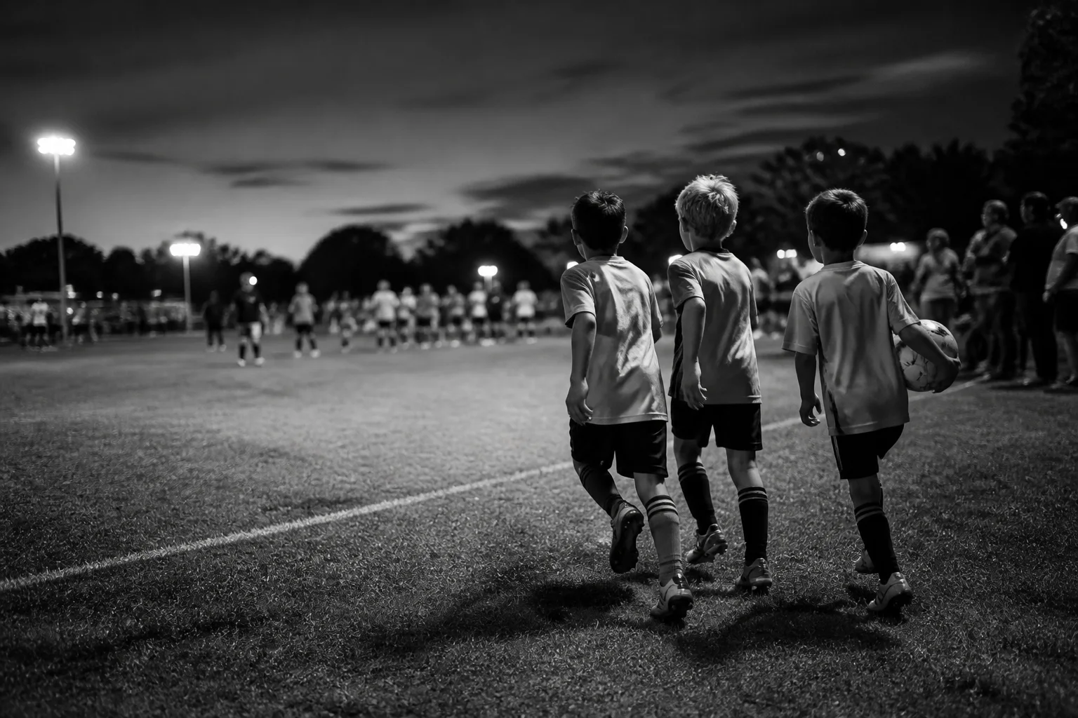 Young soccer players walking toward an evening match under field lights