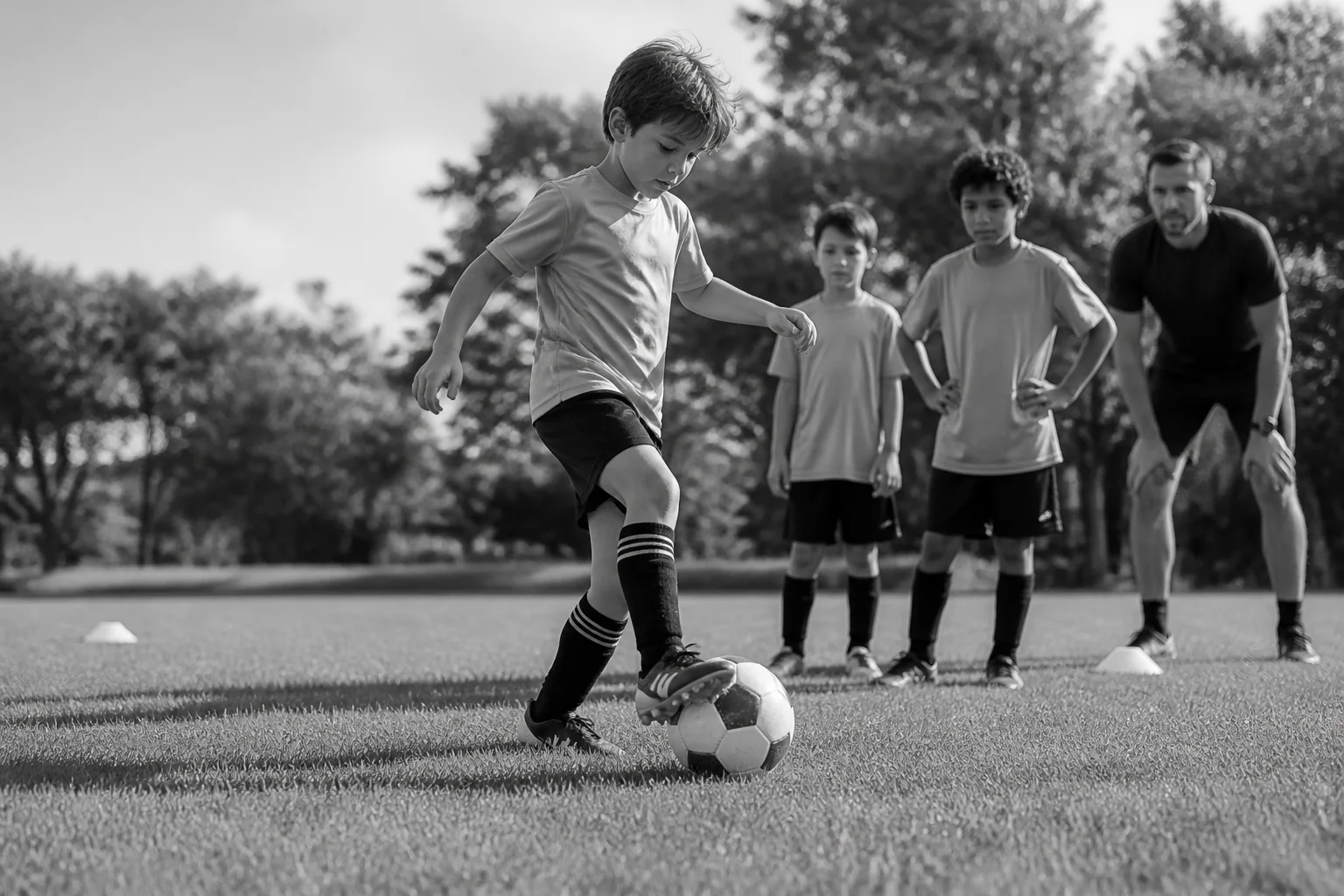 Young soccer player practicing close control while teammates and a coach observe
