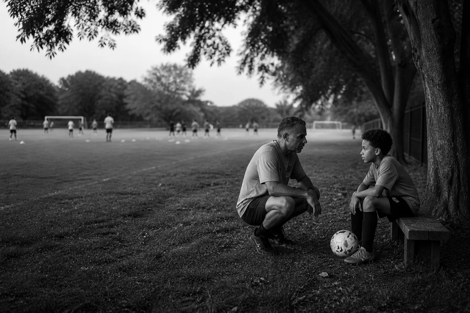 A youth soccer player listening to a coach beside the field