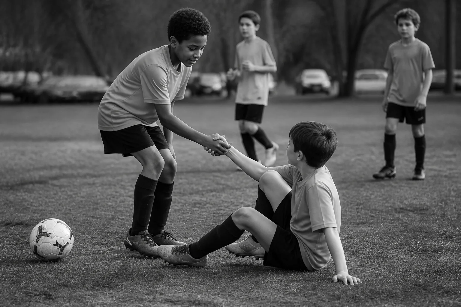 A young soccer player helping a teammate back to their feet