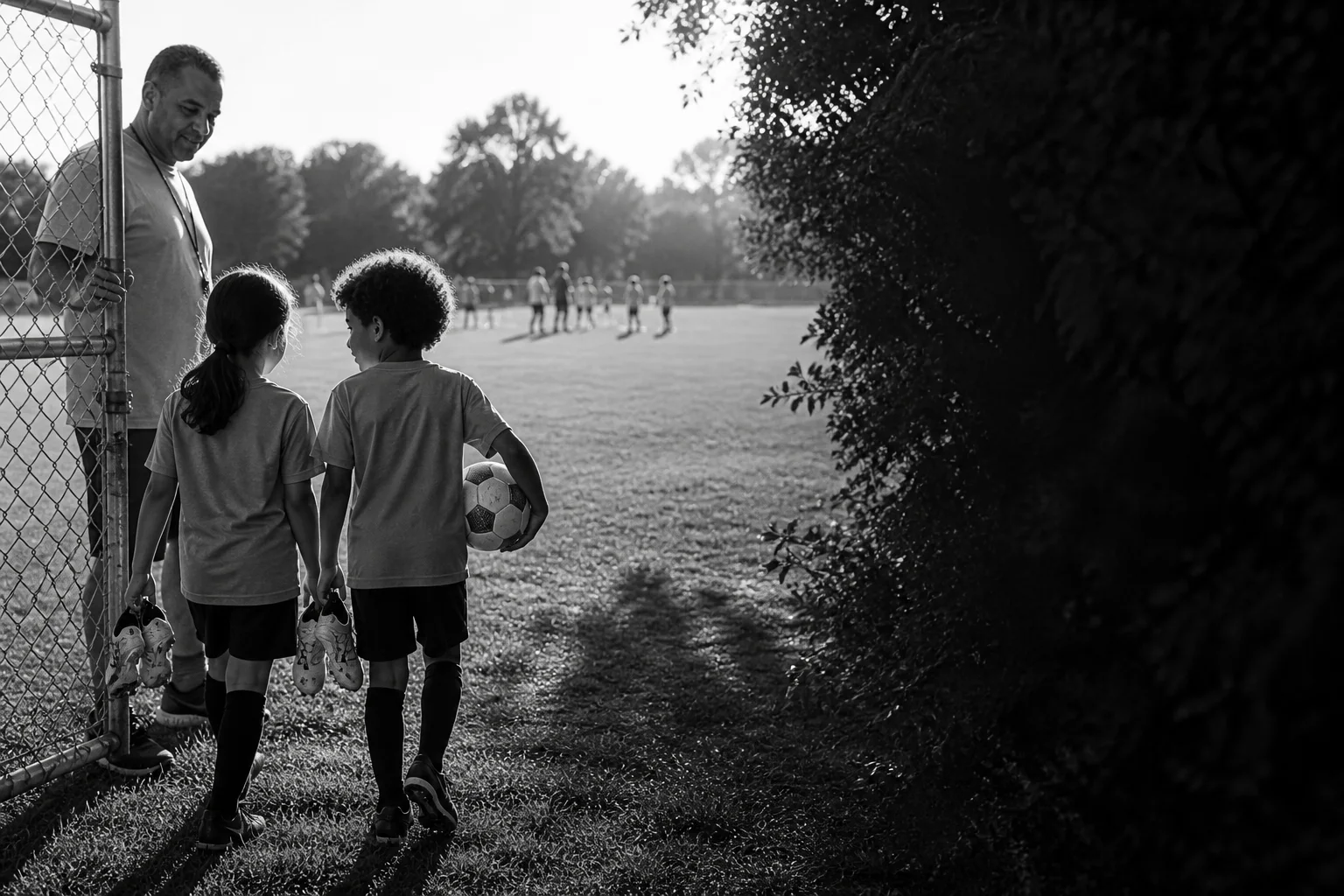 Young players entering a community soccer field through an open gate