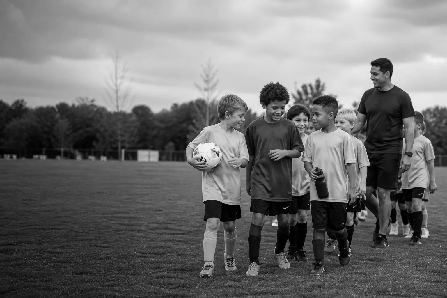 Youth soccer players walking onto the field with their coach